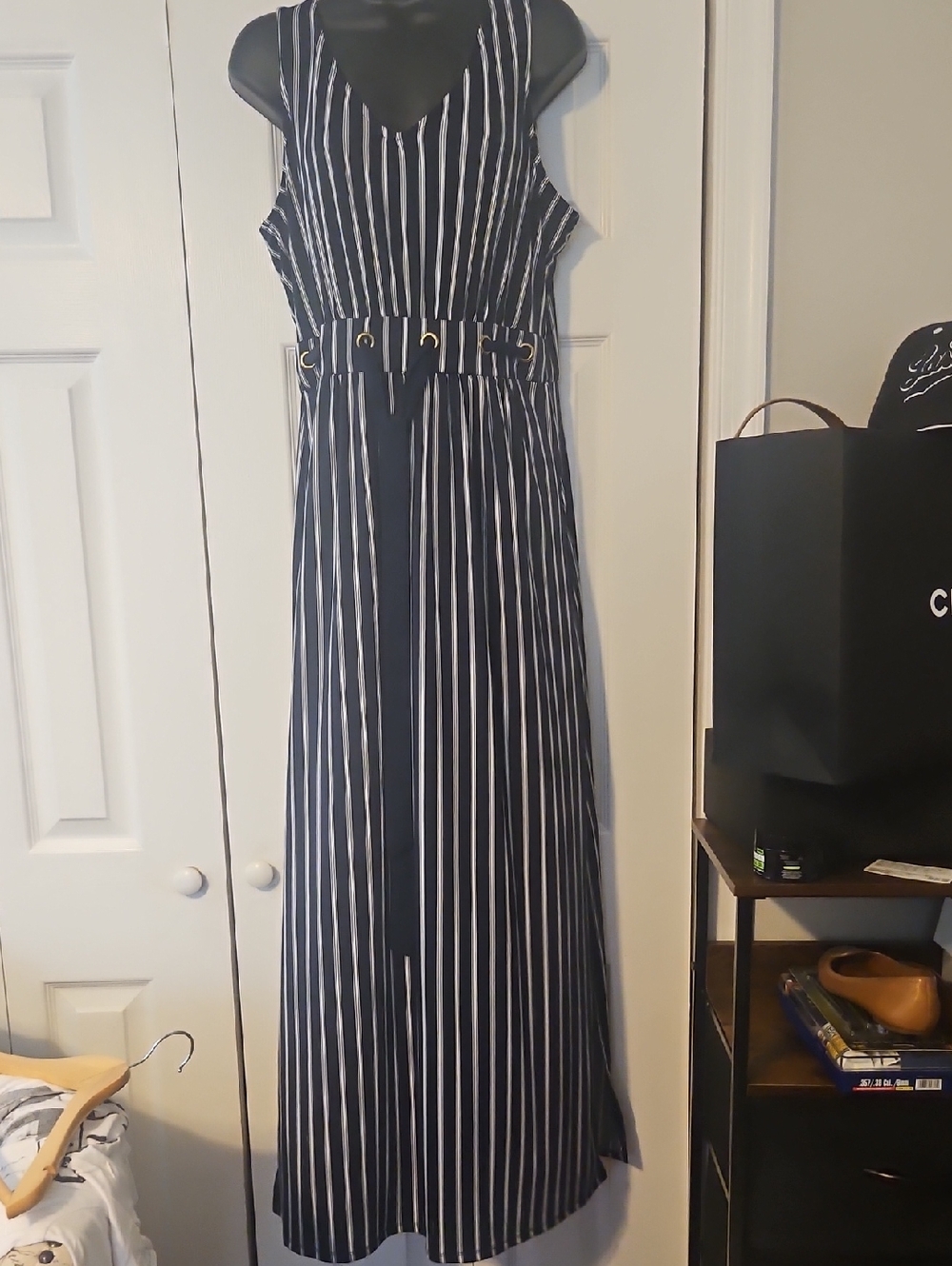 Wrapper Navy and White Vertical Stripe Maxi Dress with Waist Belt